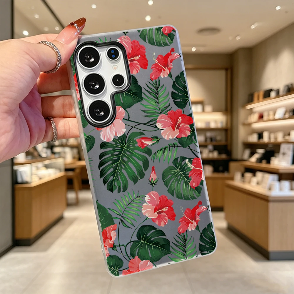 Tropical Hibiscus Leaf Pattern Trendy Jelly Color Dual Layer TPU Protective Case For Samsung Galaxy S & A Series Ultra FE