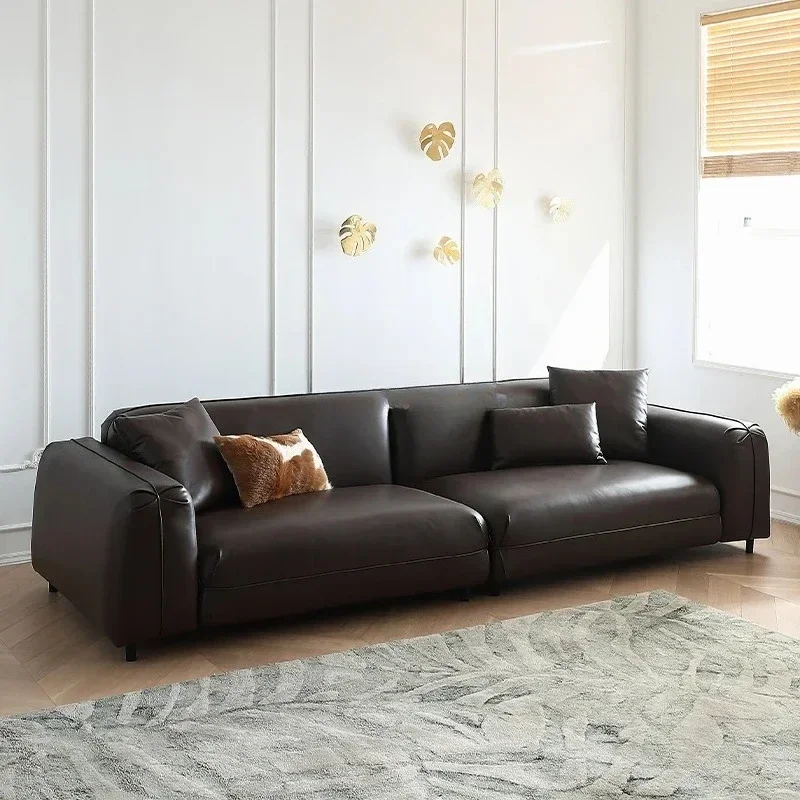 Modern simple small apartment living room straight row four people first layer cowhide sofa