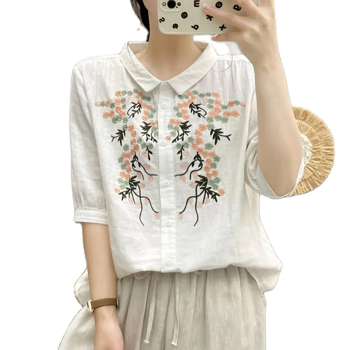 New Summer Cotton Yarn Half Sleeve Shirts Lapel Embroidery Tops Commute Girl Casual Sweet Loose OL Blouse 2024 Autumn T465100QC