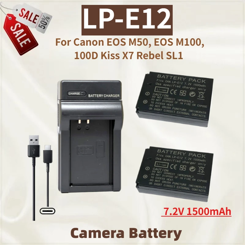 

High Quality LP-E12 7.2V 1500mAh Camera Battery + Charger for Canon EOS M100,EOS M50,100D Kiss X7 Rebel SL1 Replacement Battery
