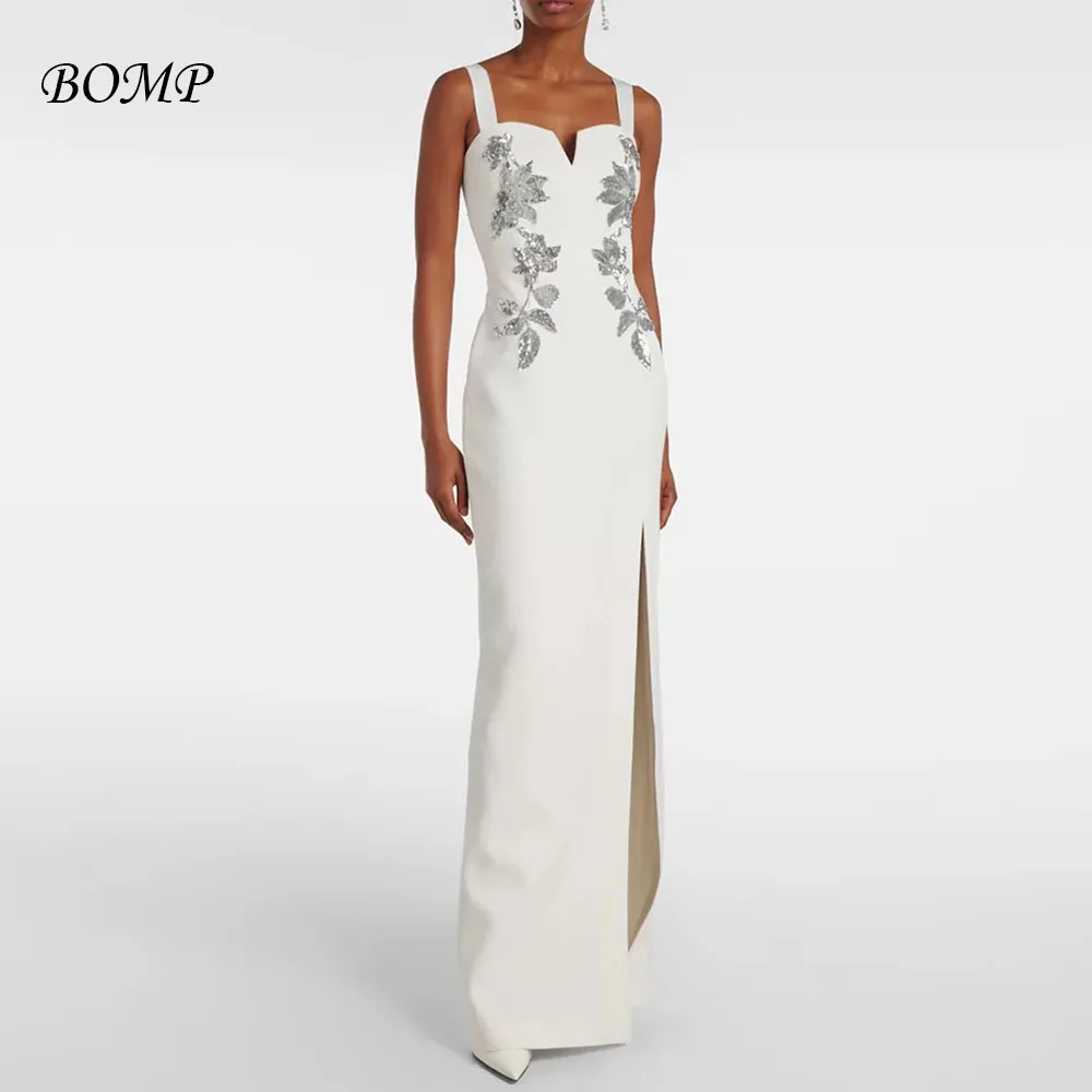 BOMP 우아한 아이보리 이브닝 드레스 웨딩 머메이드 정장 파티 드레스 스트랩 두바이 프롬 드레스 바닥 길이 아플리케 맞춤 제작
