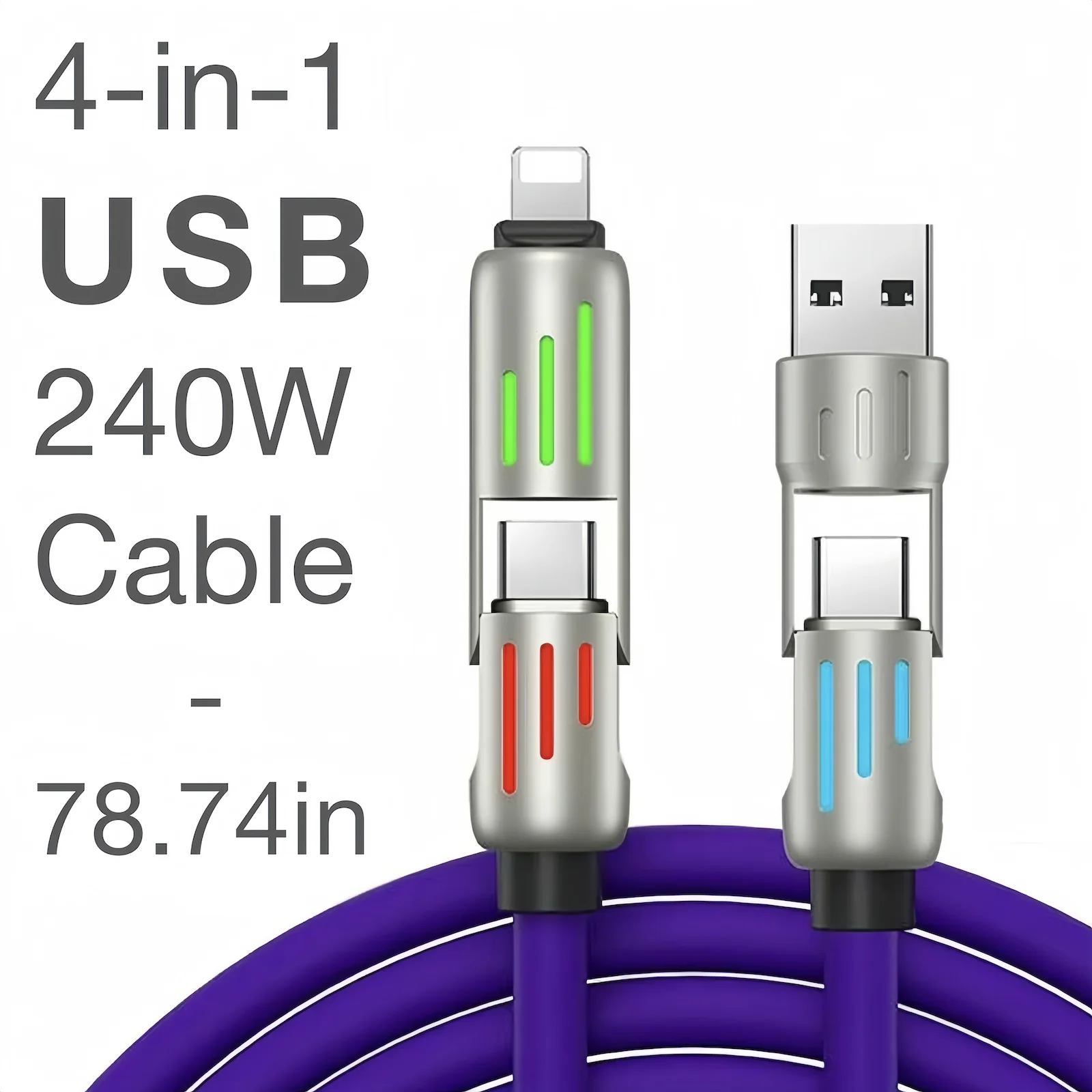 240W 4-in-1 USB Type C Silicone Fast Charging Cable, For iPhone/Huawei/Samsung/Xiaomi, Durable Type-C To USB A Cable