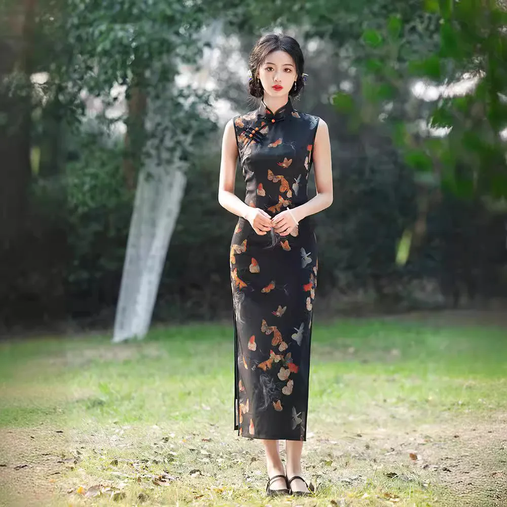 Sleeveless Cheongsam New Summer Retro High-end Temperament New Chinese Style Black Cheongsam Women Party Costumes