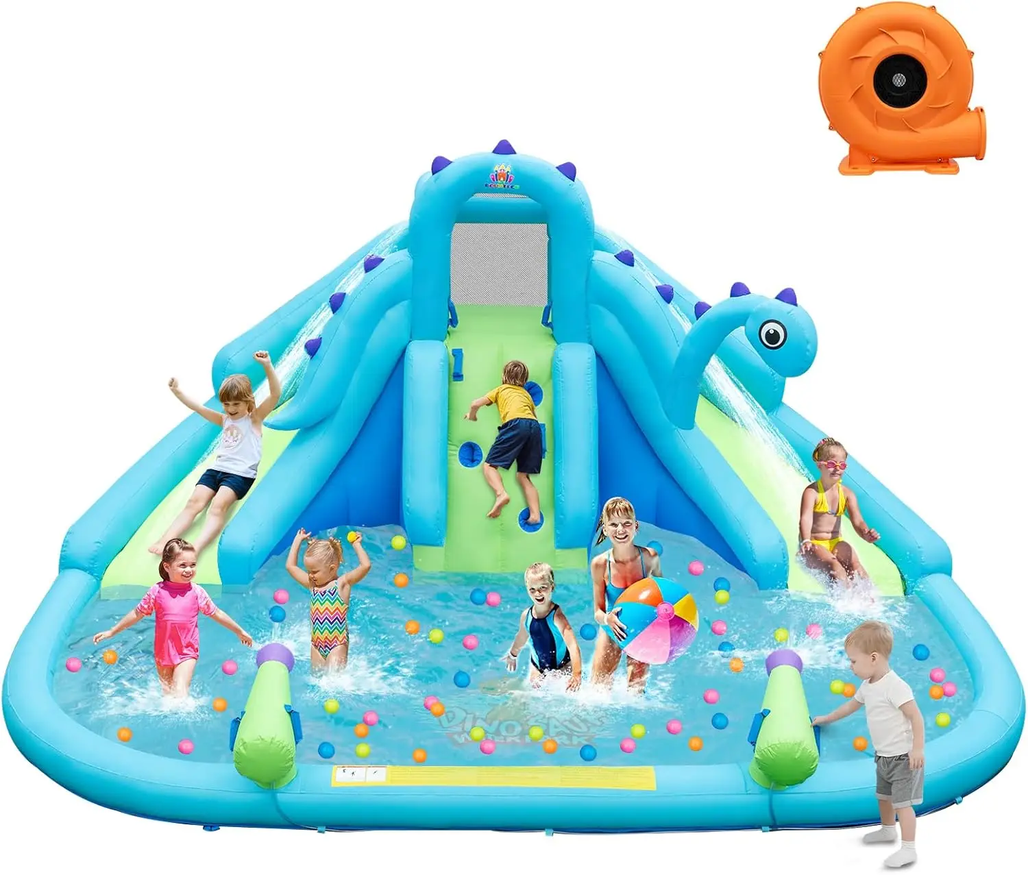 

Inflatable Water Slide, Dinosaur Water Bounce House Park for Kids and Adults Outdoor, Dual Slides&Splash Pool, with 688w Blower