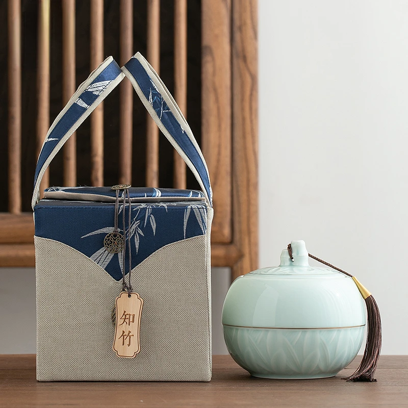 

Tea Pot Ceramic With Lid Tassel Cyan Medium Universal Custom Double Bottle Wooden Box Home Decoration New Chinese Simple Retro