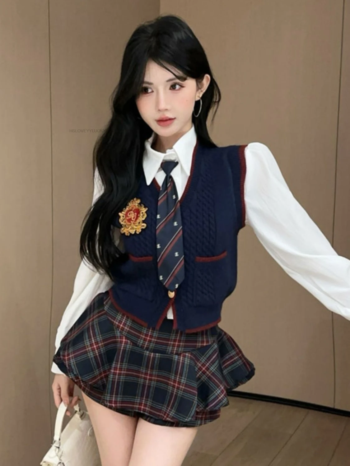 Academic Style Jk Uniform Versatile Korean White Shirt Vest Plaid Half Skirt Set Women Sexy Improved Fashion Daily Jk Uniform