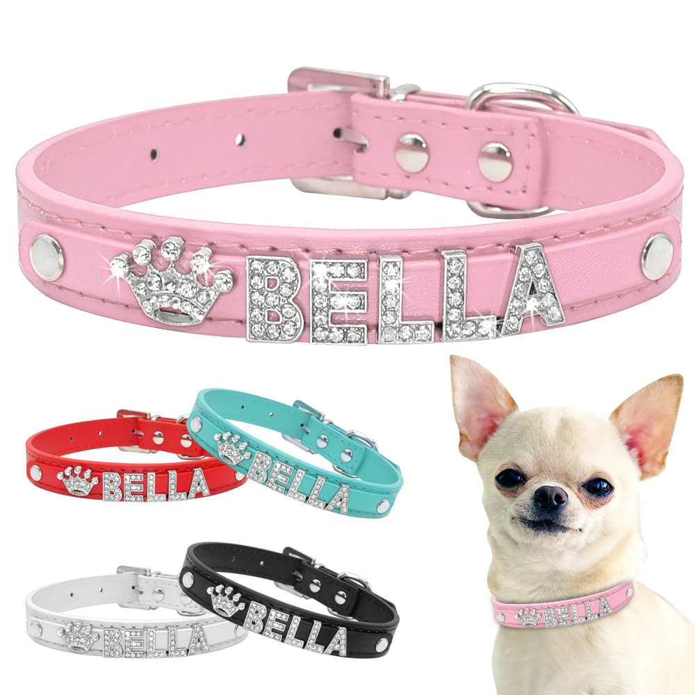 

Bling Rhinestone Puppy Dog Collars Personalized Small Dogs Chihuahua Collar Custom Necklace Free Name Charms Pet Accessories