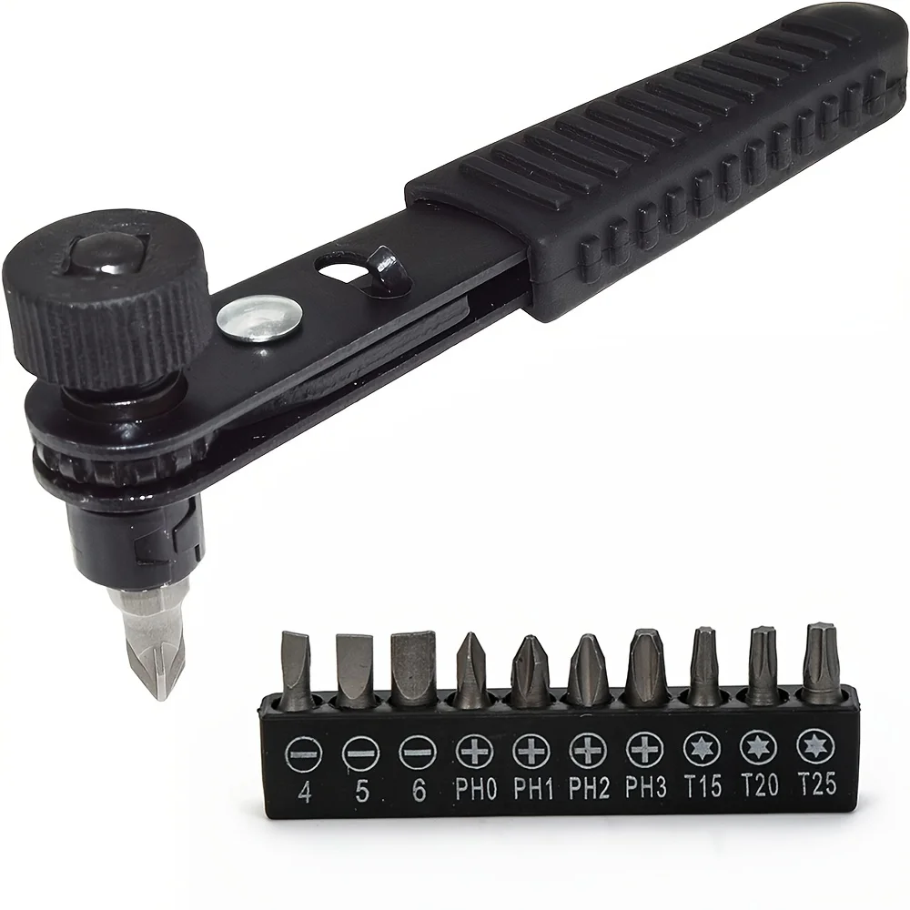 Right Angle Close Quarters Ratcheting Reversible Screwdriver Set with 18 Bits