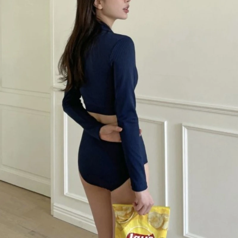 Korean Ins Split Swimsuit Women Long-sleeved Lapel Crop Tops with High Waist Brazilian Bottom 2pcs Bathing Suit Holiday Swimwear