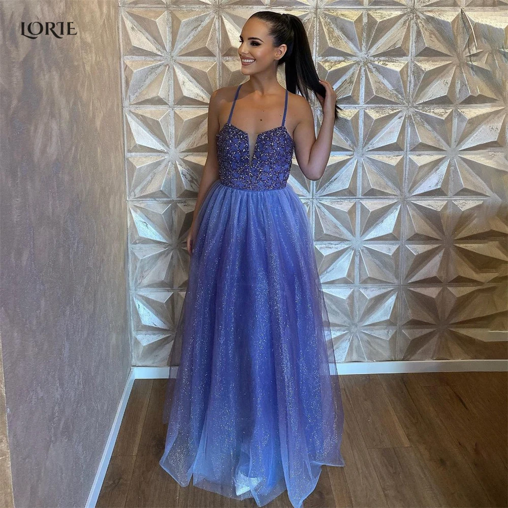 

LORIE Glitter Light Blue Prom Dresses Shiny Bead Spaghetti Straps Backless A-Line Formal Evening Dress Arabia Dubai Party Gowns