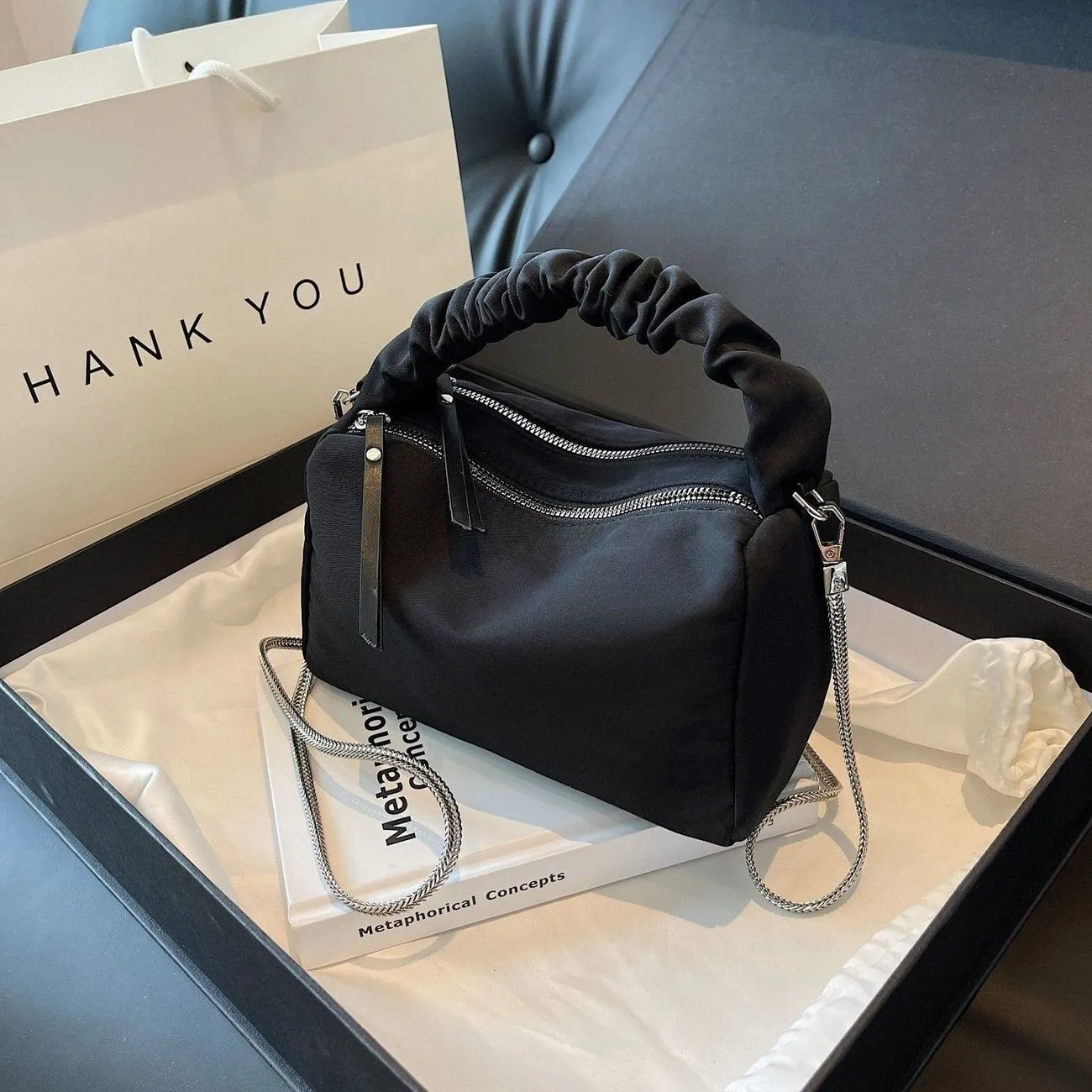 Women Nylon Boston Handbag Chain Zipper Crossbody Shoulder Bag Multifunctional Daily Commuting Evening Dinner Bag