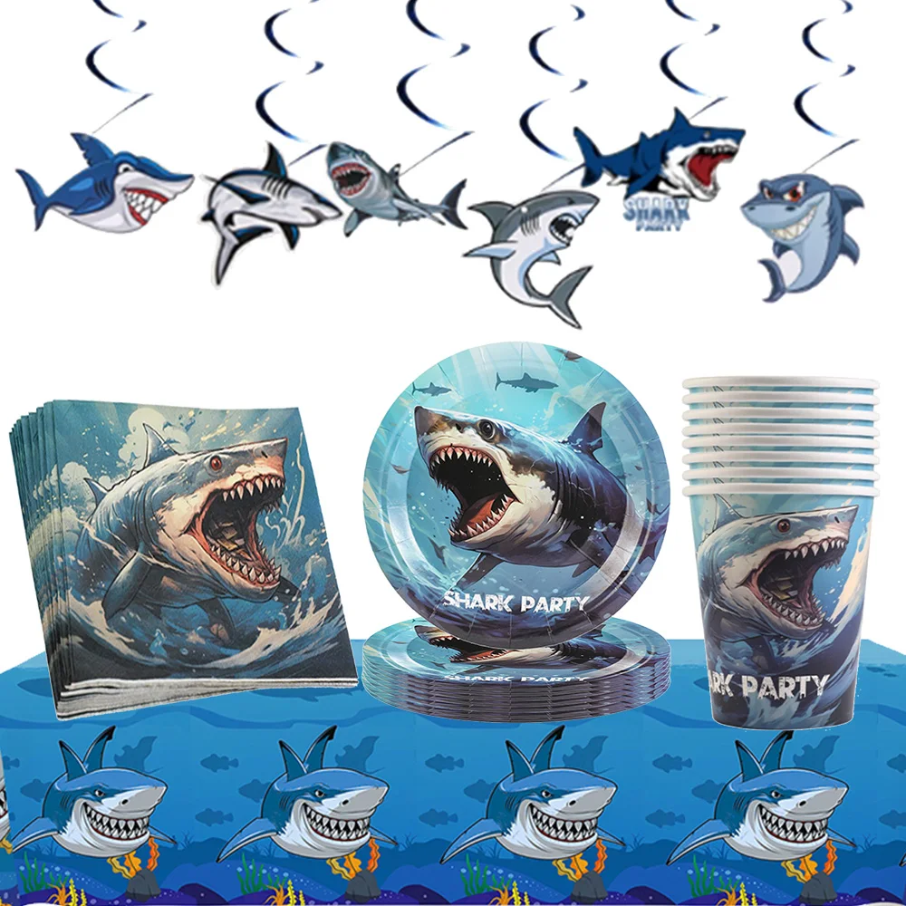 Ocean Shark party Tableware Plates cups Tablecloth Shark Plates cup Napkins kids Birthday supplies Shark Party Decoration Banner