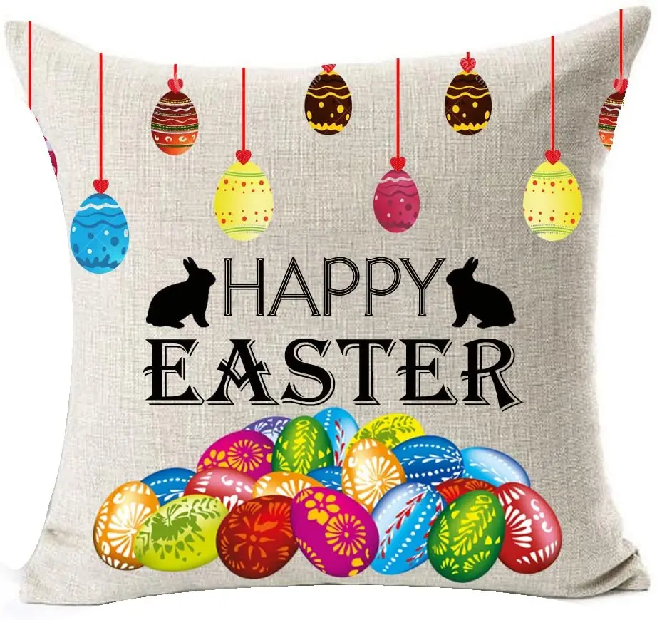 Best Gift Happy Easter Characters Beautiful Funny Color Eggs Bunny Rabbit Decorative Cotton Linen Throw Pillow Case Cushion Case