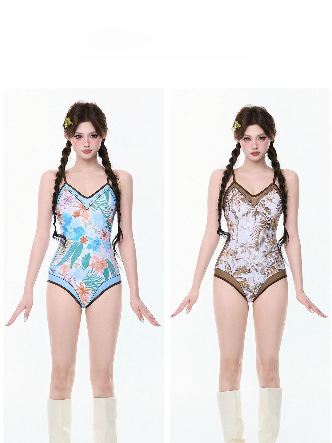 

Retro Double Fabric Print Slimming V-neck Backless One-piece Swimsuit Hot Spring Vacation Thermal Bathing Suits Women's Swimwear