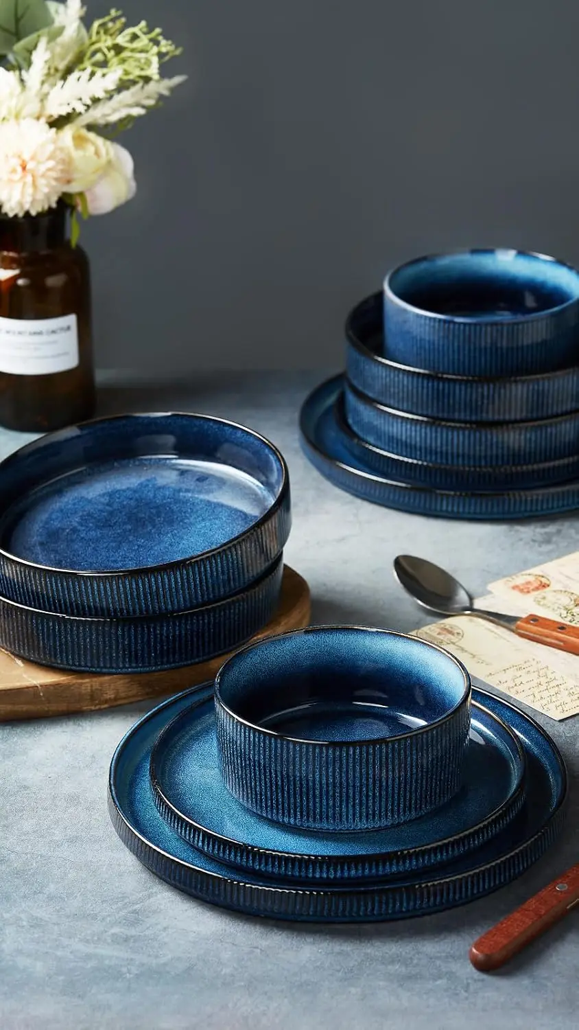 스타 디너웨어 세트 (접시와 그릇 포함), 4인용 (16피스), 석기 주방 식기 디너 세트 - 네뷸라 블루