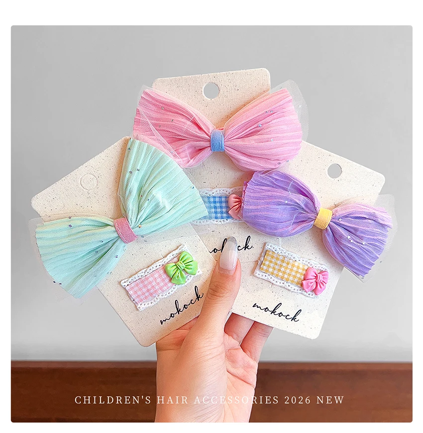 2 Stück/Set Tüll-Schleifen-Haarspangen für Mädchen Kinder Süße Prinzessin Netzstoff Karierte Stoffschleife Entenschnabel Spitzenstickerei Koreanische BB-Haarnadeln – Detail 4