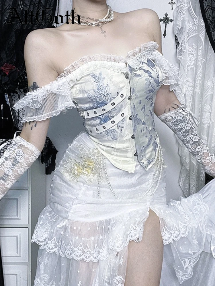 AltGoth خمر القوطية لوليتا سترة المرأة قصر نمط الجمالية Fairycore الجرونج العيينة الدانتيل المرقعة حمالة قطع علوية بدون حمالات
