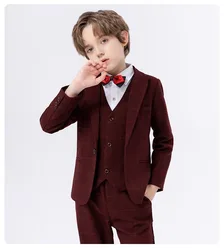 Children Wine Red Piano Party Dress Kids Jacket Vest Pants Bowtie 4PS Ceremony Photograph Suit Flower Boys Performance Costume