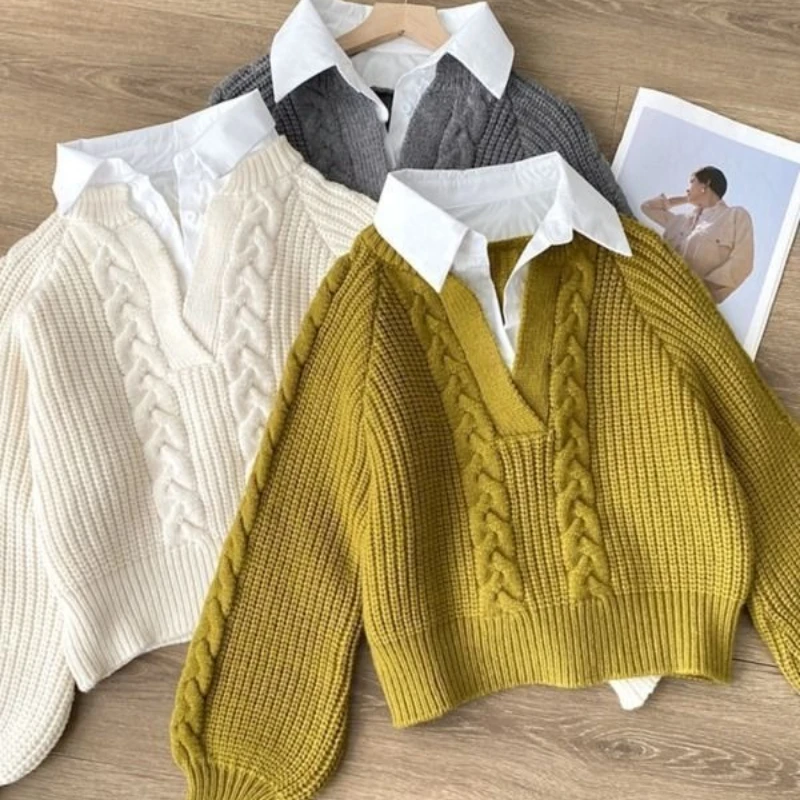 Otoño e Invierno moda nuevo suéter de mujer diseño elegante sentido de gama alta falso dos piezas grueso cálido Sudadera con capucha de punto