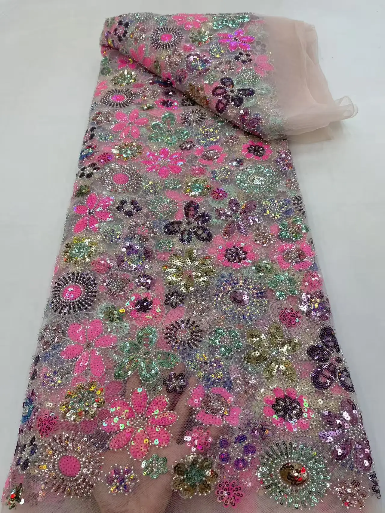 

2026 Luxury Beads Mesh Lace Fabrics Pink Lace Nigerian African Tulle French Tulle Beaded Net Lace for Women Dress 5Yards