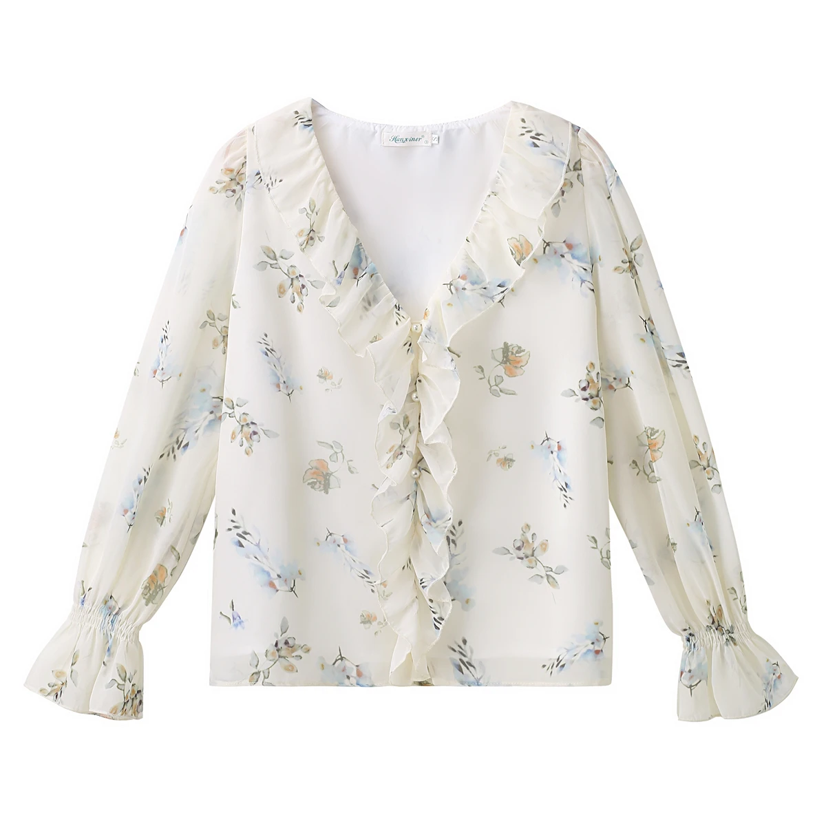 Vrouwen Shirt Blouse Nieuwe Lange Mouw V-hals Print Ruches Chiffon Shirt Blouse Vrouwen Tops Blouses Shirts Blusas Para Mujer Q1347