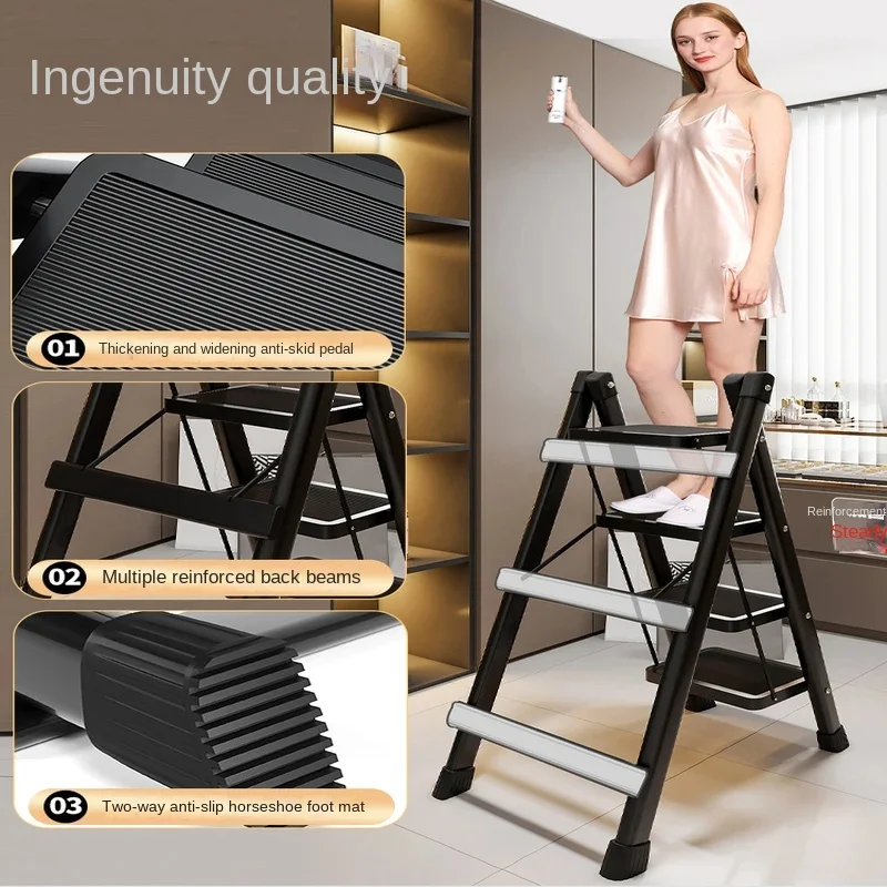 3-Step Folding Ladder Carbon Steel Collapsible Step Stool Anti-Slip Herringbone Ladder Chair Space-Saving Design for Home