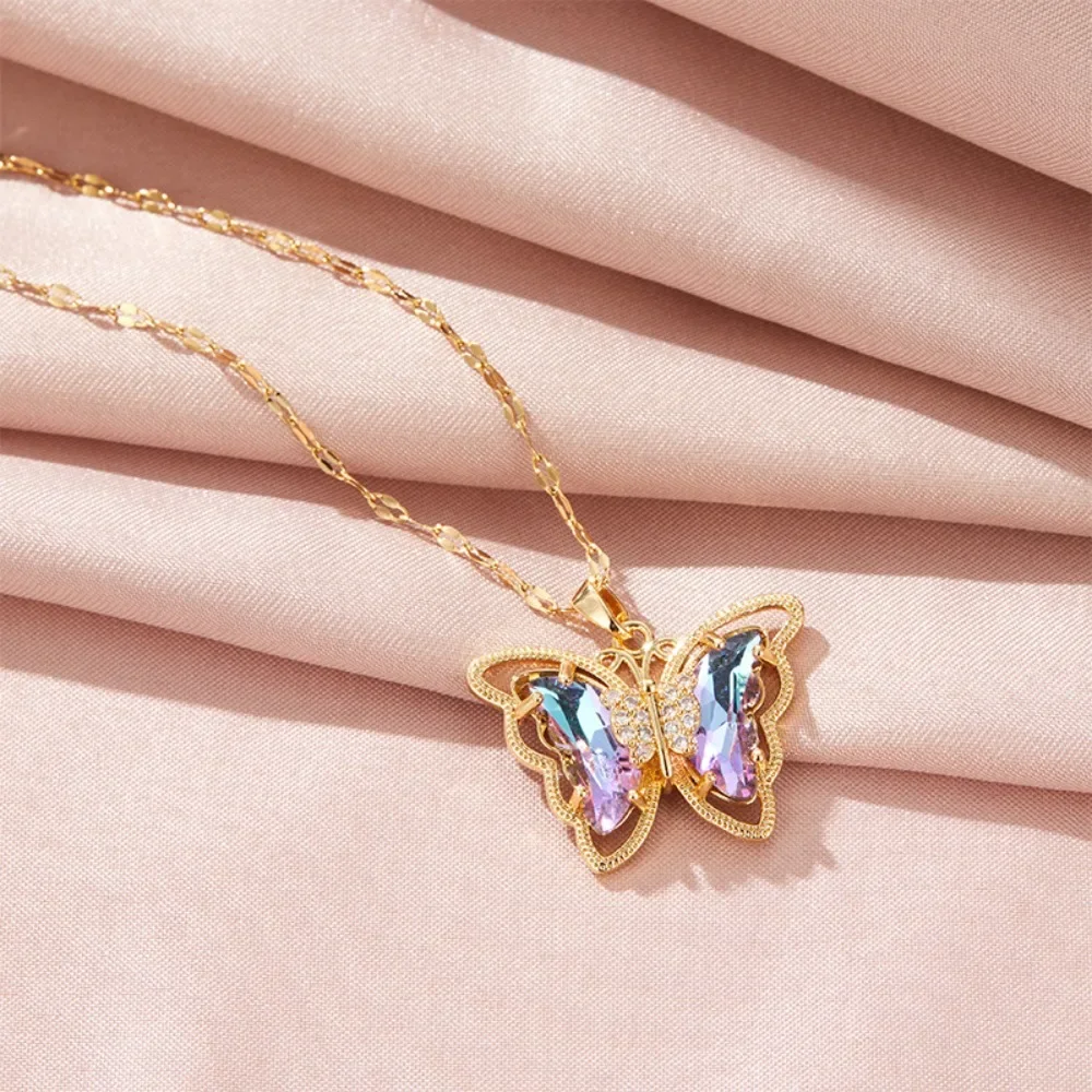 

Charm Crystal Double Butterfly Pendant Necklace for Women Cute Gold Color Stainless Steel Korea Collar Jewelry Accessory Gift