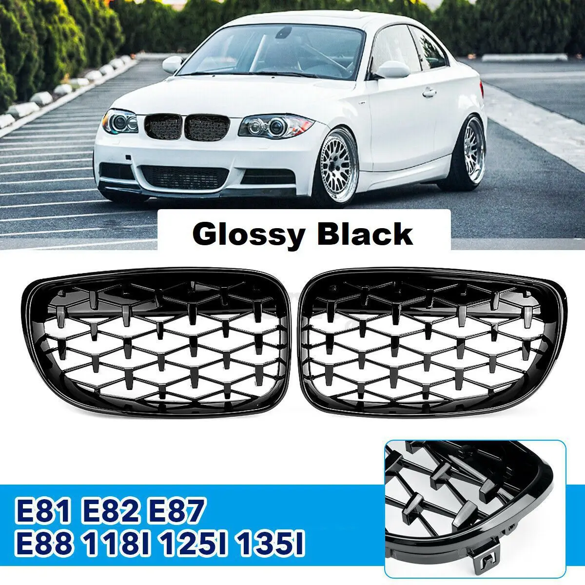 2X Front Kidney Diamond Meteor Grille Grills for -BMW 1 Series E81 E82 E87 E88 LCI 2007-2013 Racing Grills Gloss Black