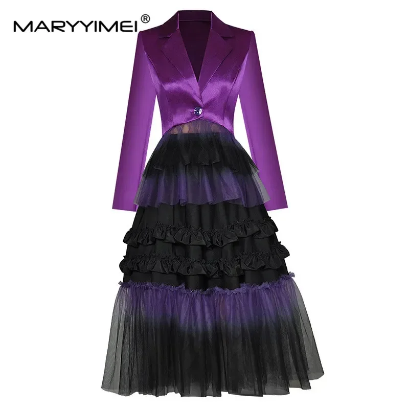 MARYYIMEI ファッション滑走路春スカートスーツ女性シングルボタンピンクショートブレザー + メッシュケーキスカート 2 個セット
