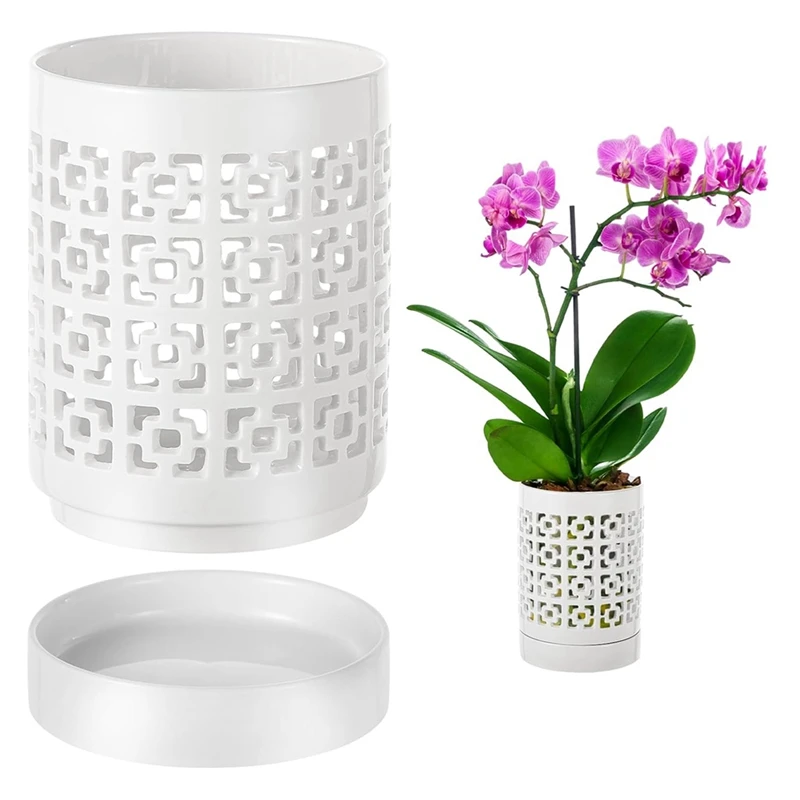 ABYN-Orchid Pot With Holes  Plant Pots Outdoor Indoor Flower Pots For Repotting With Drainage And Saucer 4 Inch