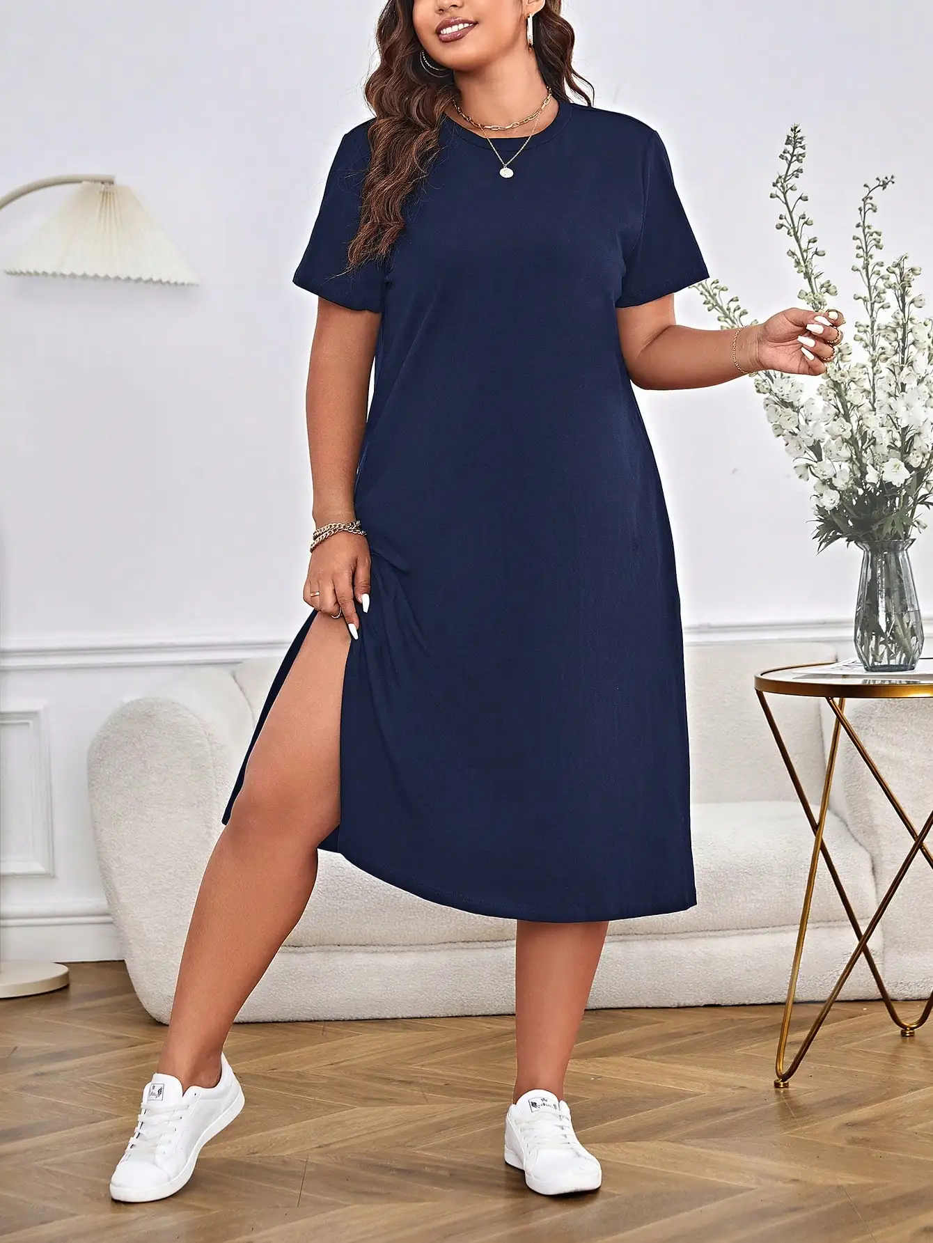 

Plus Size Women Summer Casual Solid Short Sleeve Split Hem T-Shirt Dress