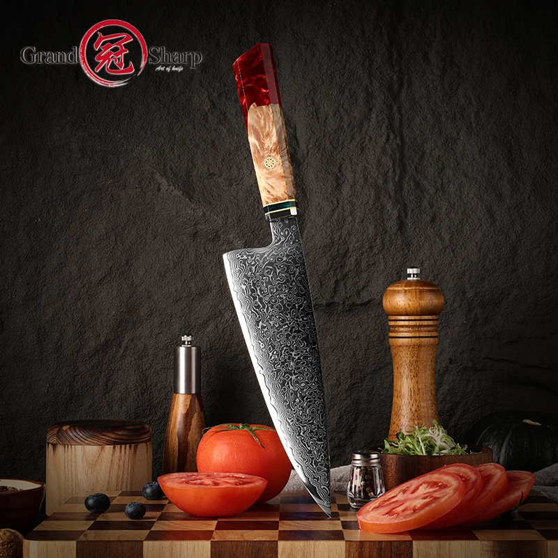 Grandsharp Japanese Kitchen Knives Damascus Steel Chef Cooking Tools Nakiry Utility Santoku Knife Maple Handle Red Blue Colors