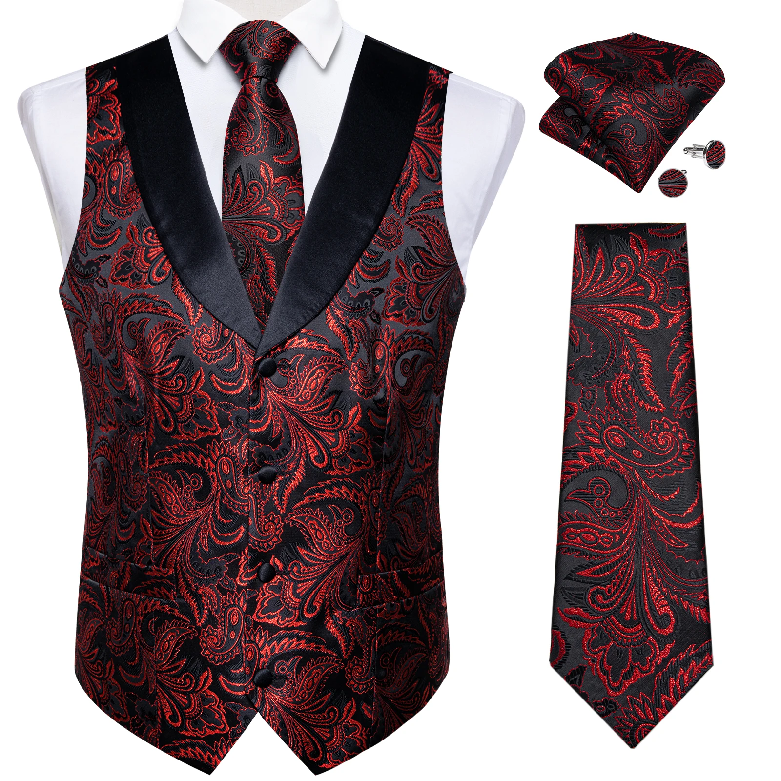 Luxury Silk Gold Black Paisley Floral Vest Brand Men Vest Set Tie Cufflinks Handkerchief Suit Male Sleeveless Waistcoat Wedding