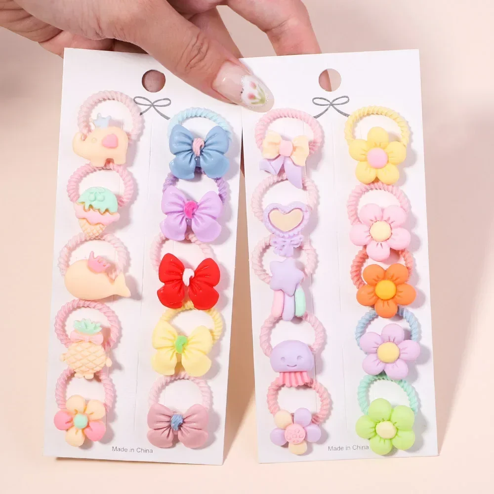 10PCS New Girls Cute Cartoon Flower Small Scrunchie Kids Ponytail Hair Tie Elastic Fashion Hair Accessories Set