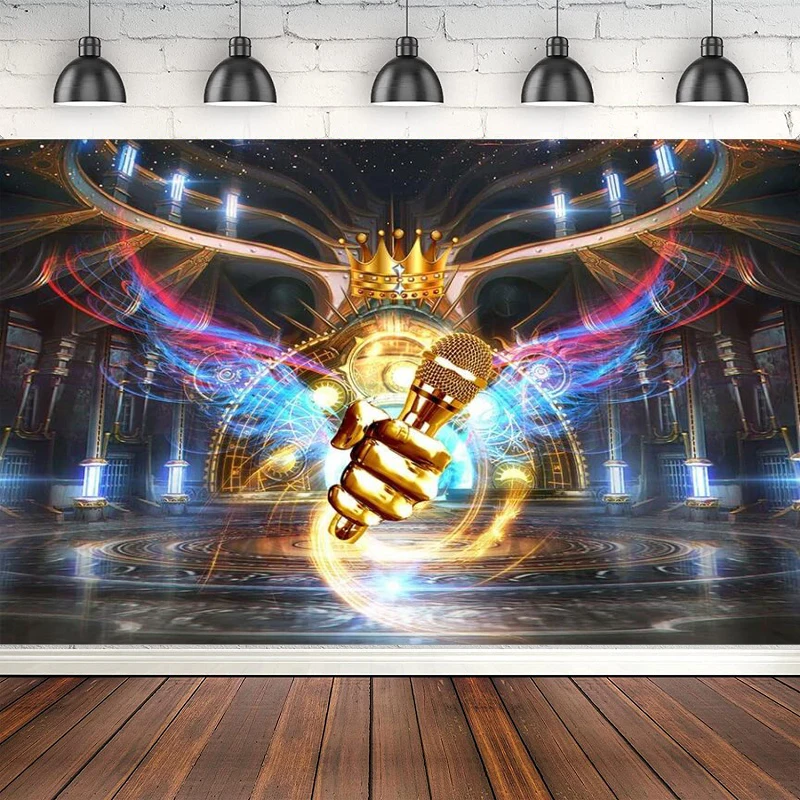 

Music Photography Backdrop Dj Glitter Neon Hip Hop Gold Microphone Crown And Colorful Wing Background Platform Stage Banner
