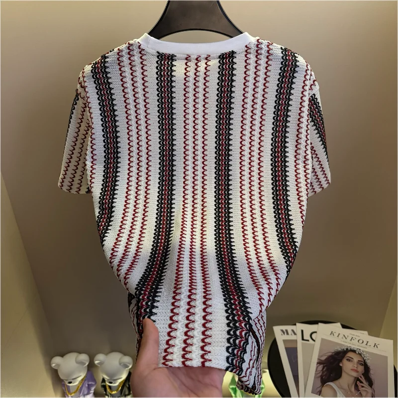 2026 New Striped Jacquard Knitted T-shirt Retro Round Neck Ice Silk Casual T-shirts Short Sleeve Business Social Streetwear Tops