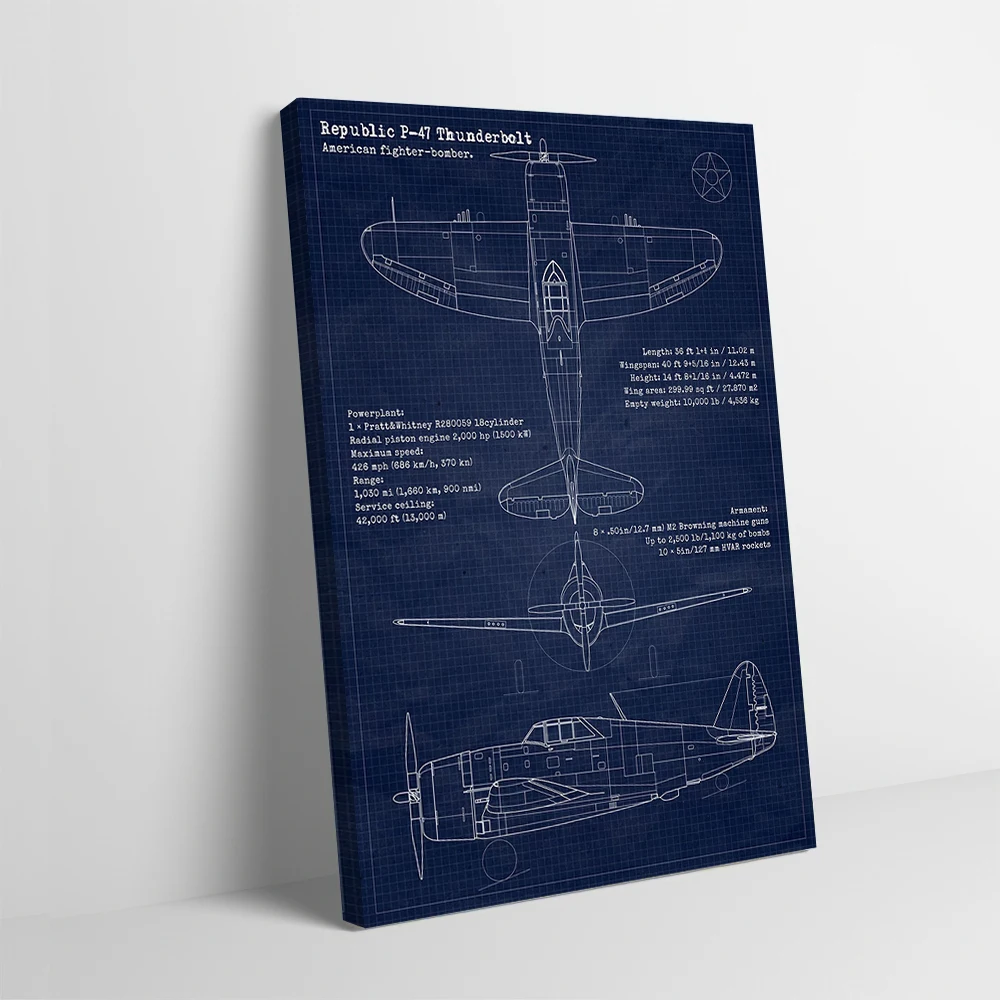 P47 Thunderbolt Blueprint Printing Poster Pictures Wall Art Canvas Painting Gift for Living Room Decorations Decoration Gaming
