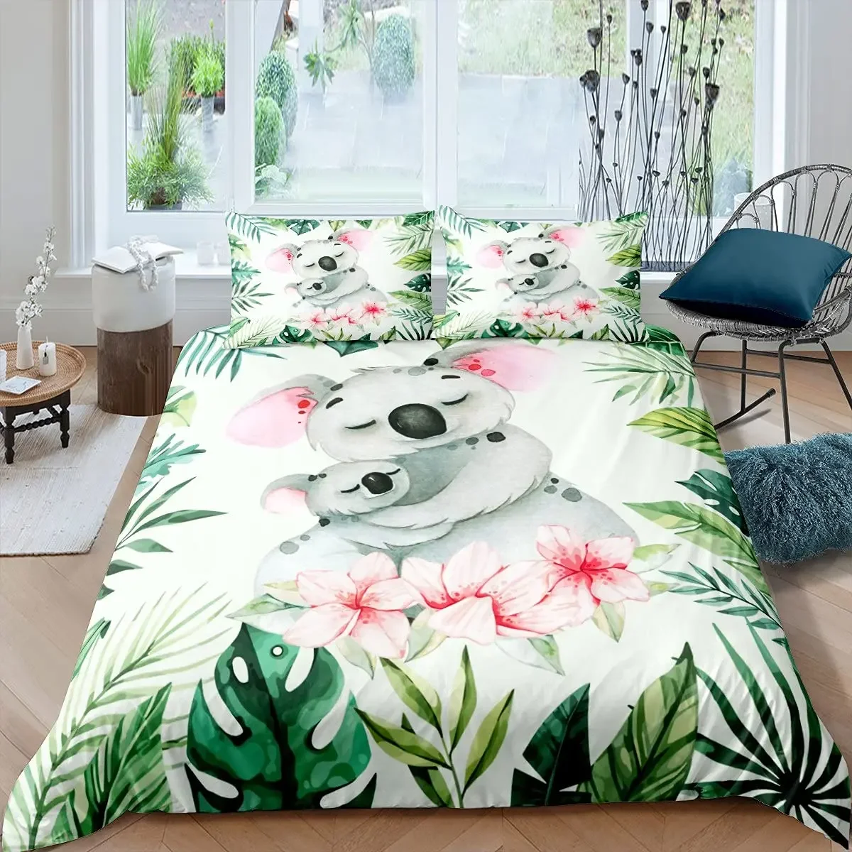 Koala Duvet Cover Set, Blooming Floral Branch with A Bear Comforter Cover, Palm Tree Leaf Wildlife Cartoon Polyester Quilt Cover