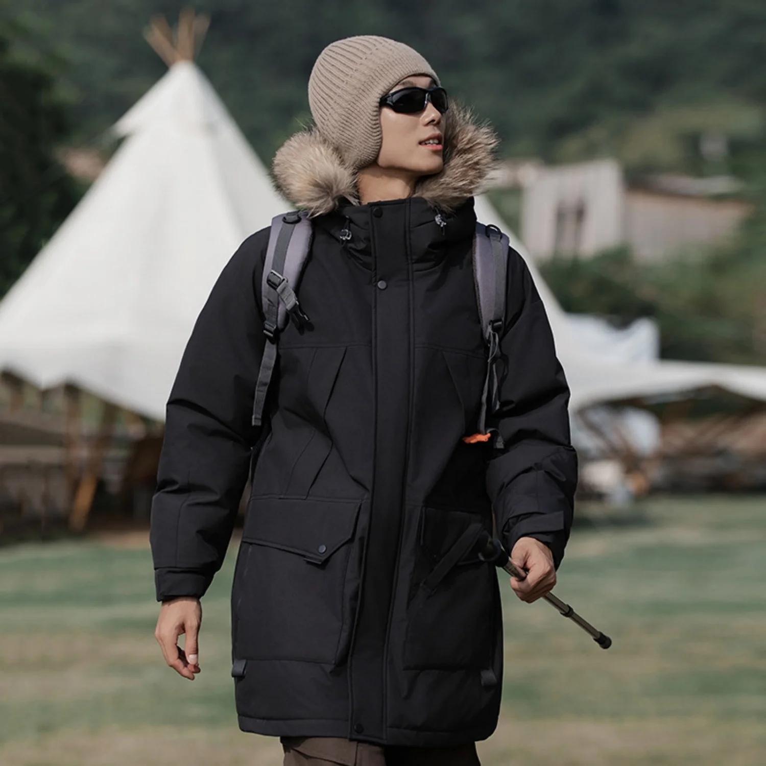 Winer Coat Men Fur Hood Slim Fit Thick Parka Padded Military Mid-Length Warm Jacket for Cold Weather Windproof Water Resistant
