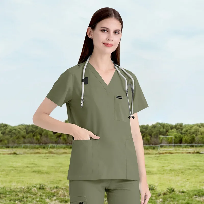 Stretch Scrubs Women Set Nursing Uniforms Clinical Scrubs Set Nurse Doctor Dustproof Workwear Medical Scrubs Top Jogger Pants
