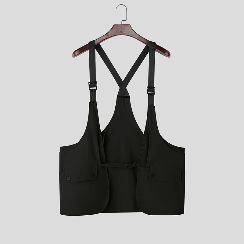 INCERUN Men Vests Patchwork Sleeveless Casual Straps Waistcoats Men Streetwear Pockets Korean Style Fashion Casual Male Vests