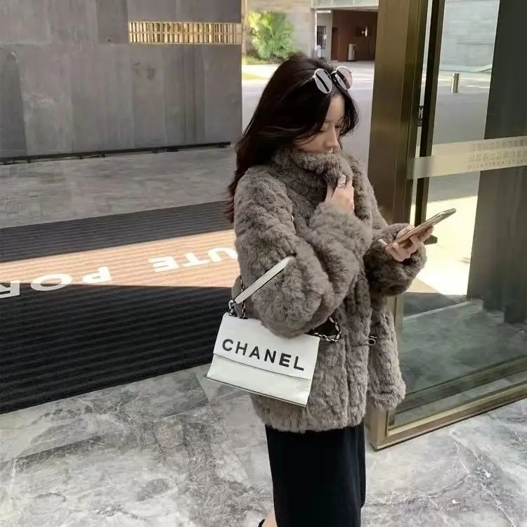 New Women Winter Fashion Faux Rex Rabbit Fur Jackets Female Short Stand Collar Coats Ladies Loose Imitation Fur Overcoats A495