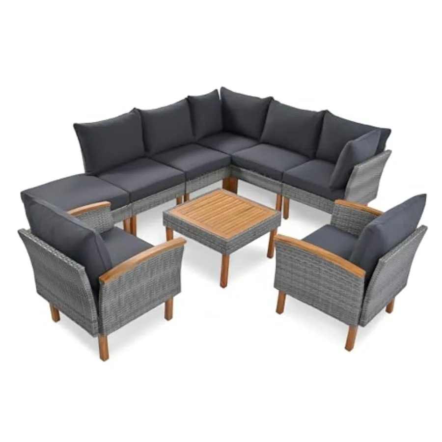 

9-Piece PE Rattan Patio Furniture Set, Outdoor Modular Sectional Sofa Conversation Sets with Coffee Table, Acacia Wood Legs and