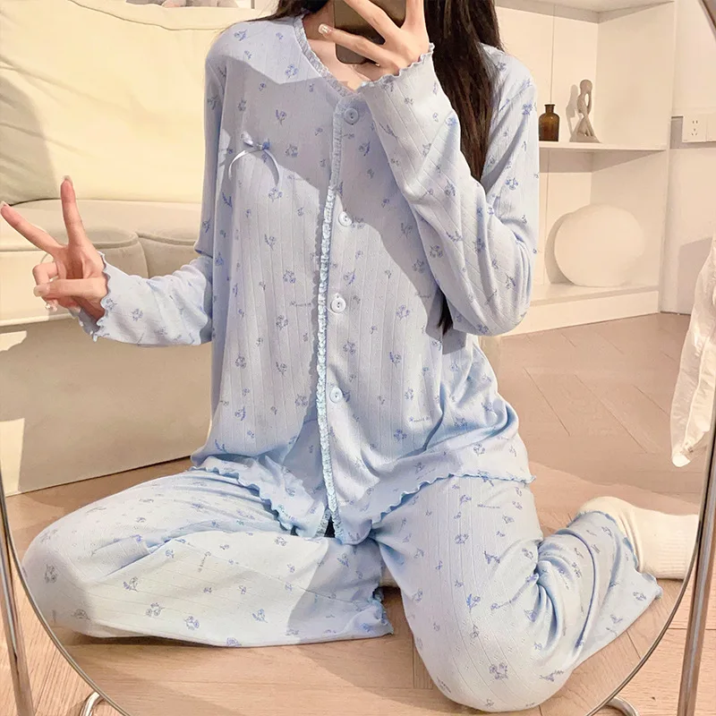 

Пижамы большого размера, новая одежда для сна с цветочным принтом, женская весенне-осенняя домашняя одежда для сна, повседневный хлопковый комплект ночного белья на груди