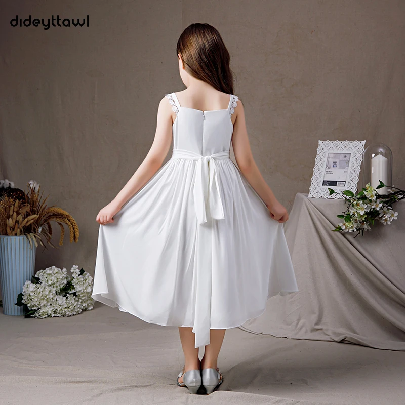 Dideyttawl branco chiffon meninas primeiro comunhão vestido 2022 simples criança festa de aniversário chá-comprimento sem mangas júnior vestido de dama de honra