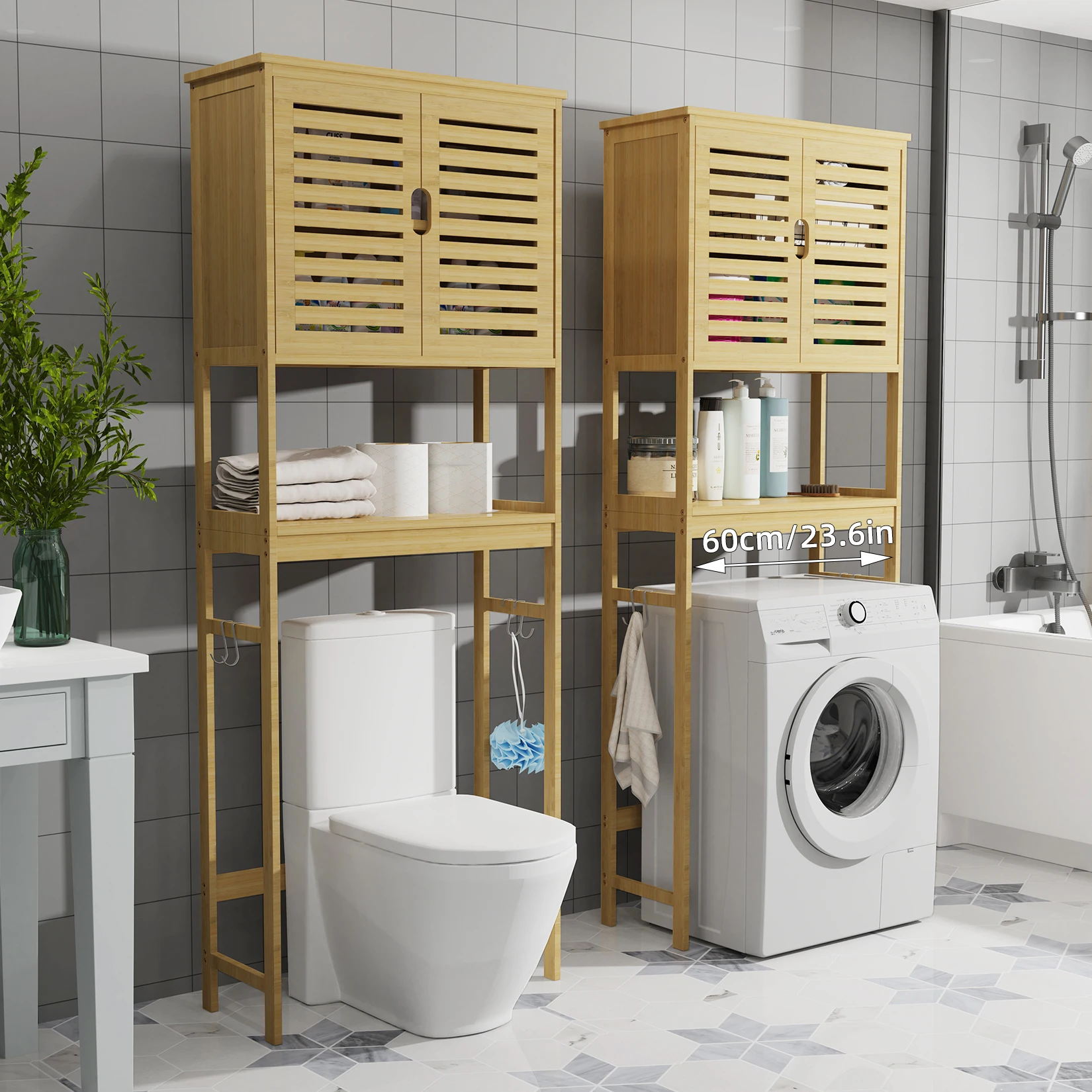 Tall Bathroom Cabinet Organizer with Cupboard and Adjustable Shelves Over The Toilet Storage Cabinet