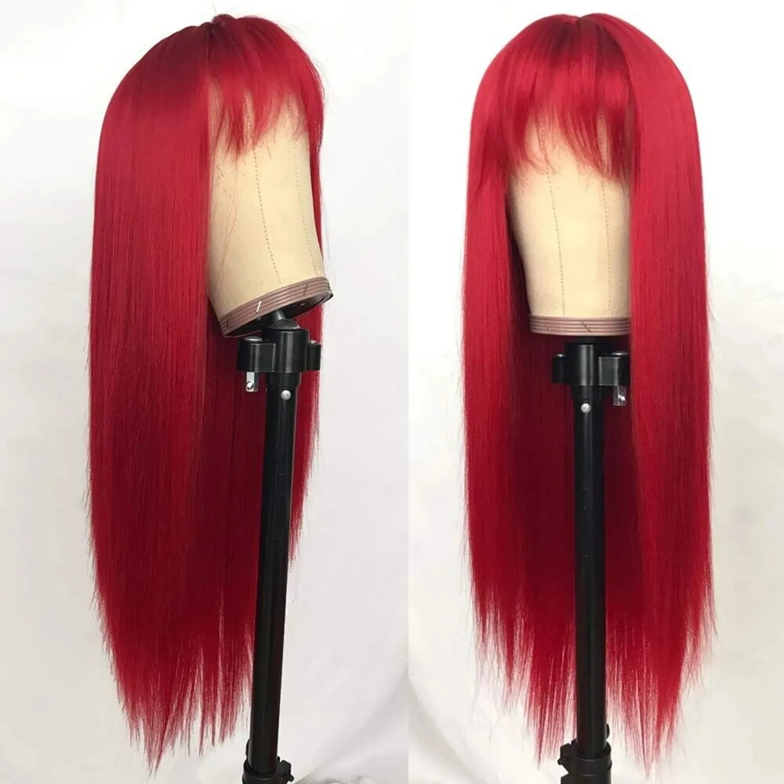 US Long Straight Red Wigs with Full Neat Bangs, Heat Resistant Synthetic Hair, Cosplay