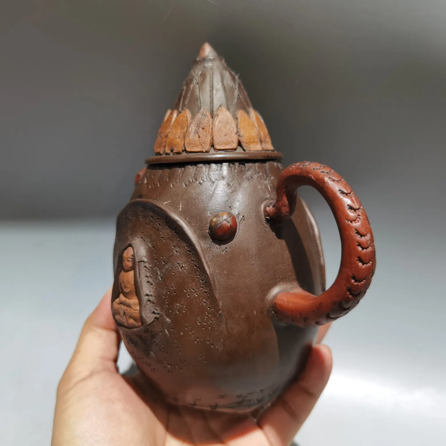 Old Chinese Handicraft Enameled YiXing Zisha (red stoneware) Teapot,pointy style teapot,with mark, Free shipping