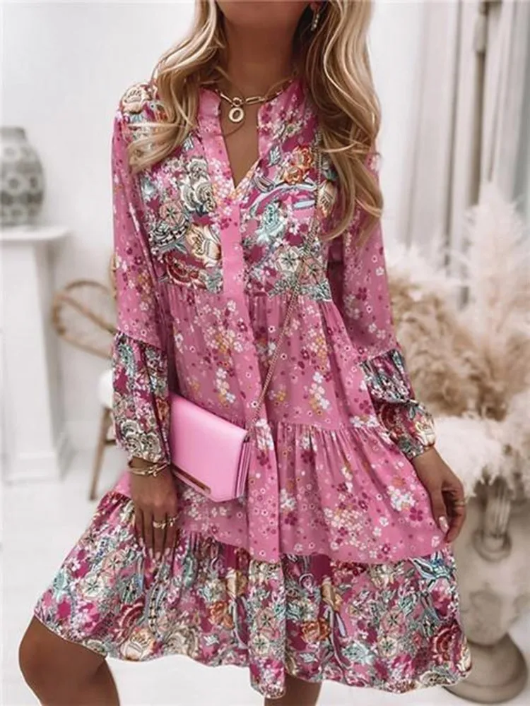 

Women Print Floral Dress Fashion V Neck Long Sleeve Loose Beach Party Dress Casual Elegant Holiday Female Dress New