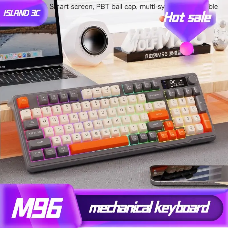 Free Wolf M96 Wireless Bluetooth Dual Mode Mechanical Feel Keyboard PBT Ball Cap with Display Knob Gaming Keyboard